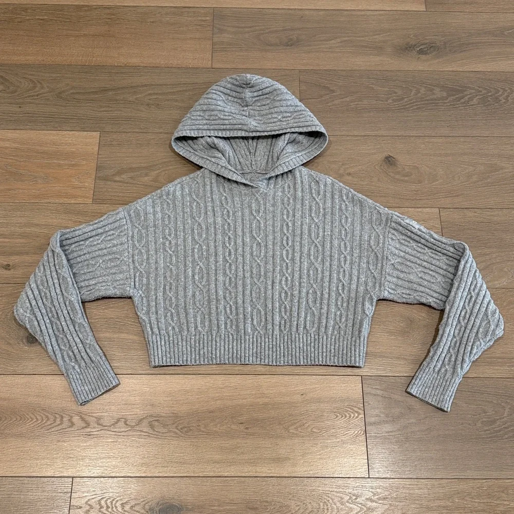 ALO YOGA Athletic Heather Grey Cable Knit‎ Winter Bliss Pullover Hoodie Size S - Picture 2 of 9